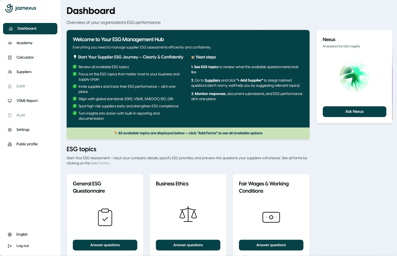 Jaznexus ESG workspace showing assessment topics and guided questions